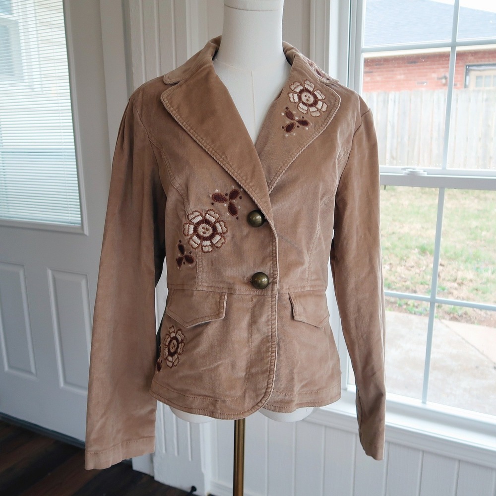 Bandolino Women Corduroy Blazer Jacket 10 Tan Floral Embroidered Boho‎ Stretch